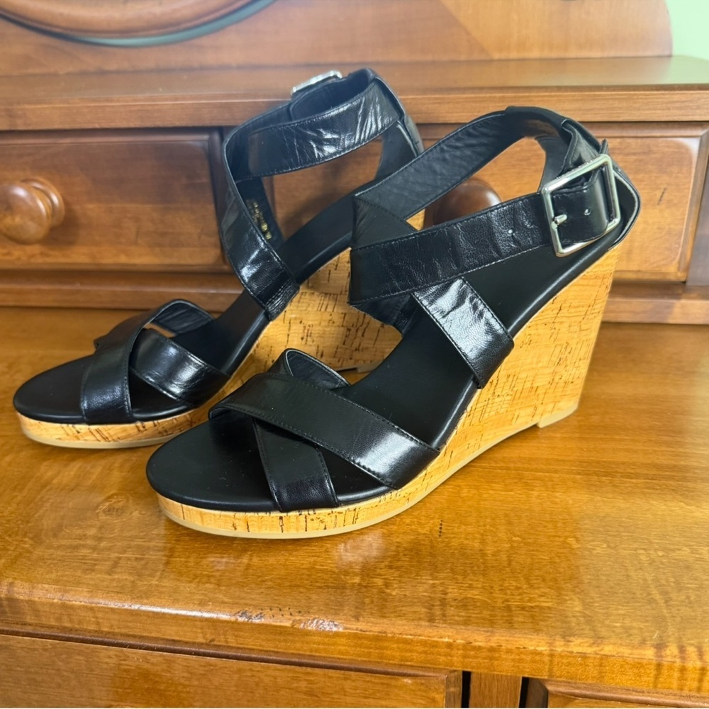 Cole Haan black cork wedge leather crisscross ankle straps‎ woman 7 sandal